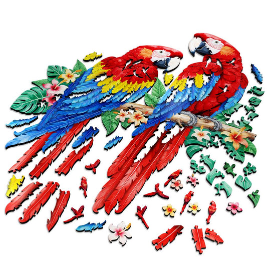 Partially assembled macaw wooden puzzle with scattered feather pieces
