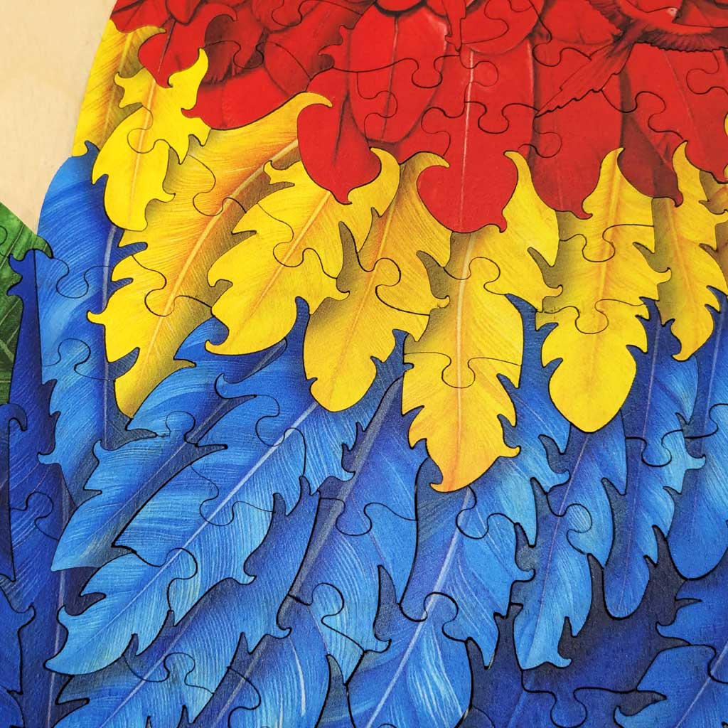 Yellow and blue macaw feather pieces perfectly aligned in wooden puzzle