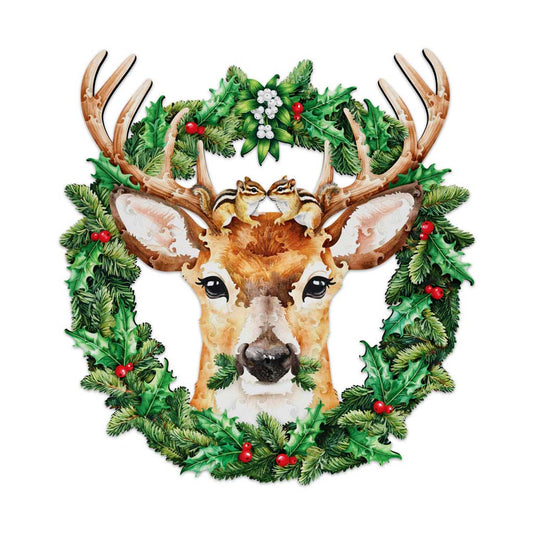 Finished “Under the Mistletoe” puzzle showing a deer nibbling a Christmas wreath while two chipmunks kiss between its antlers.