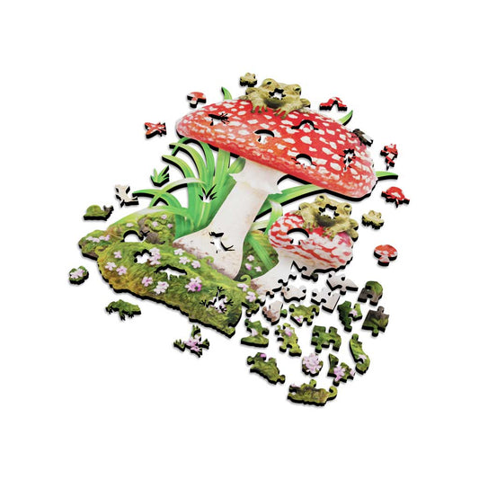 Fathom Puzzles A Friend For Dinner Alternate Wooden Laser Cut Jigsaw 200 Pieces Geoff Cota Frogs on a mushroom looking at fly
