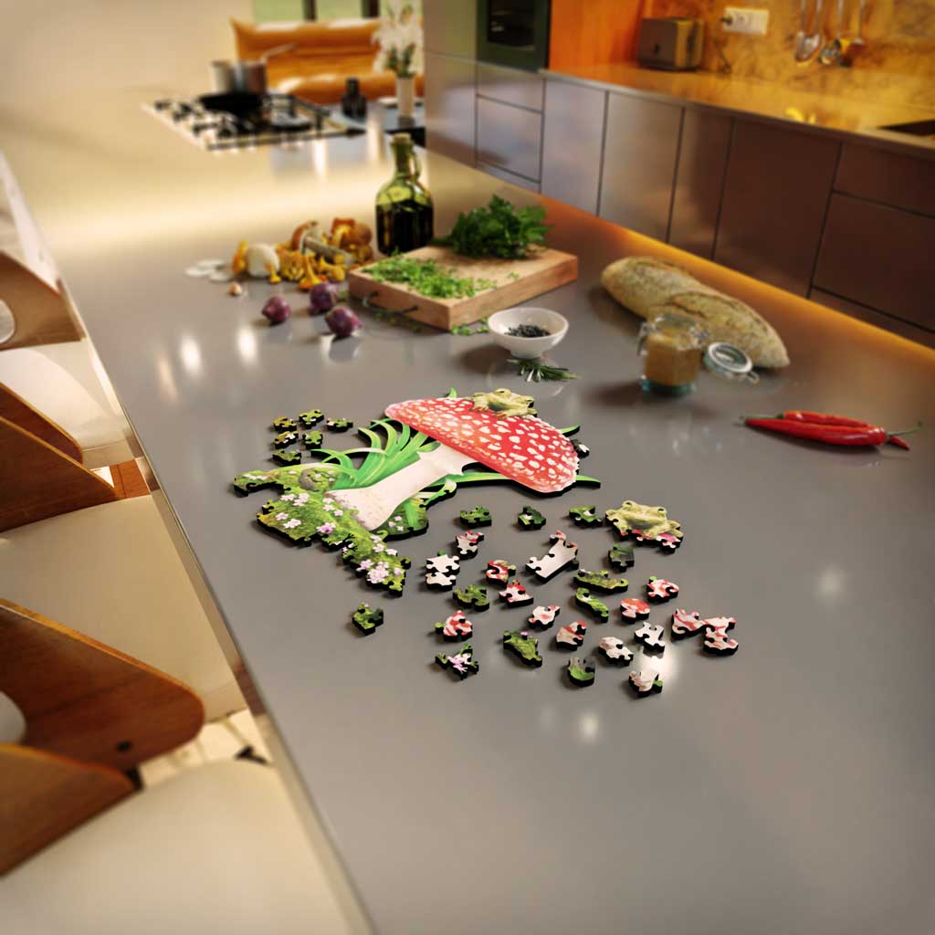 Fathom Puzzles A Friend For Dinner Lifestyle Wooden Laser Cut Jigsaw 200 Pieces Geoff Cota Frogs on a mushroom looking at fly