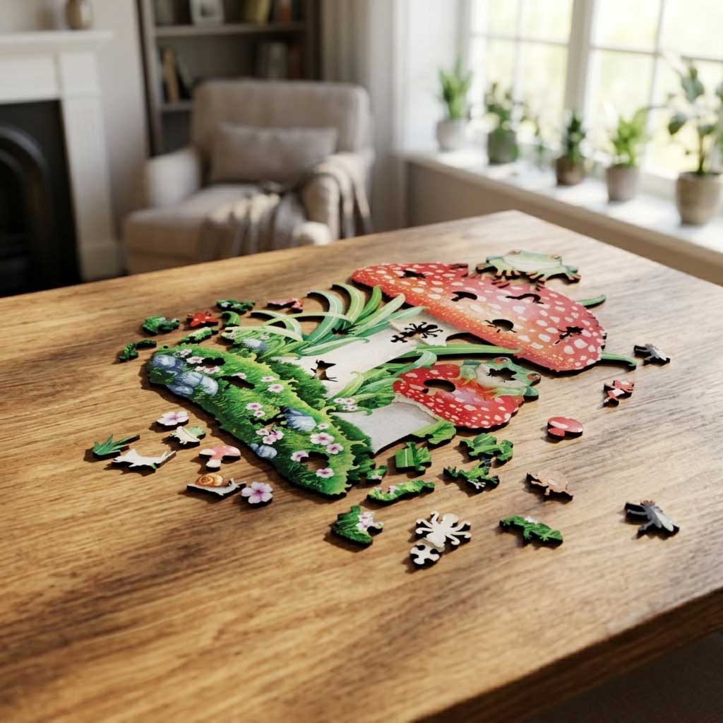Partially assembled wooden mushroom and frog puzzle laid out on a wooden table in a sunlit living room, with loose whimsy pieces scattered around the edges.