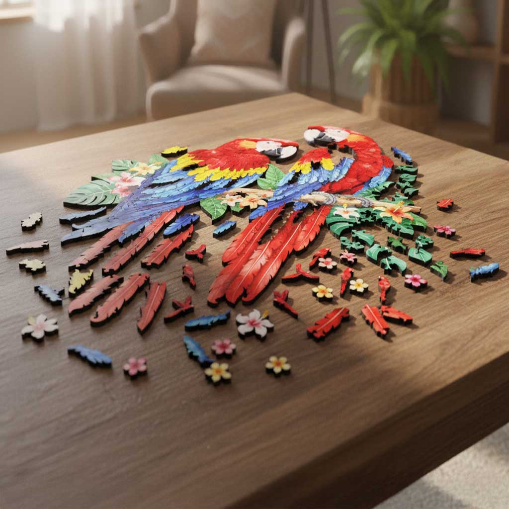 Macaw puzzle being assembled on a wooden table in natural light