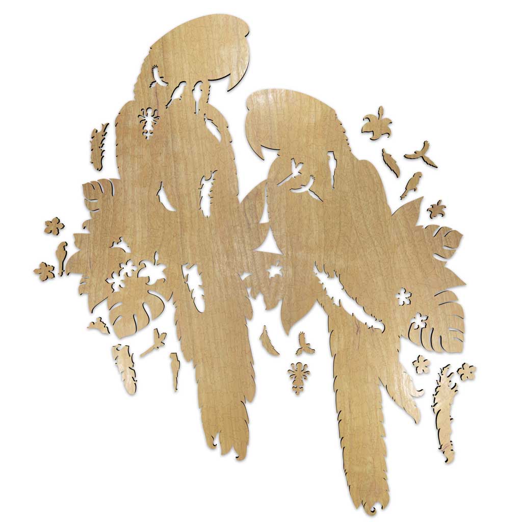 Backside of macaw wooden puzzle showing cutout shapes and wood grain