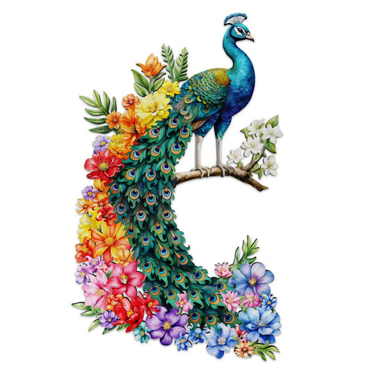 Fathom Puzzles Bloomin' Plumage Peacock Wooden Laser Cut Jigsaw 200 Pieces Geoff Cota peacock surrounded by flowers Main