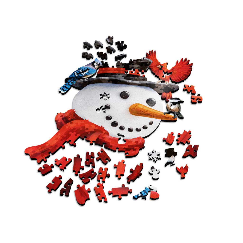 Fathom Puzzles Frosty Landing - Snowman with Birds Cardinal, Bluejay, Chickadee Alt Wooden Laser Cut Jigsaw 200 Pieces Geoff Cota