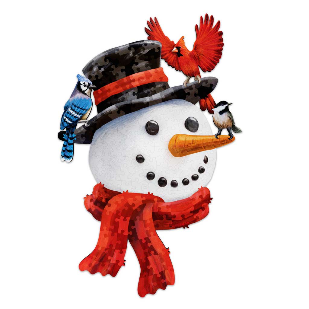 Fathom Puzzles Frosty Landing - Snowman with Birds Cardinal, Bluejay, Chickadee Main Wooden Laser Cut Jigsaw 200 Pieces Geoff Cota