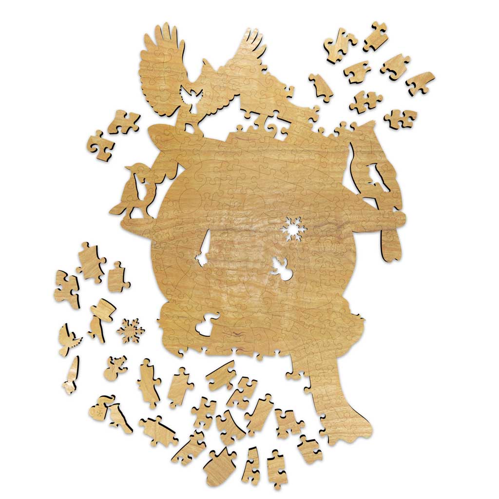 Fathom Puzzles Frosty Landing - Snowman with Birds Cardinal, Bluejay, Chickadee Wooden Laser Cut Jigsaw 200 Pieces Geoff Cota