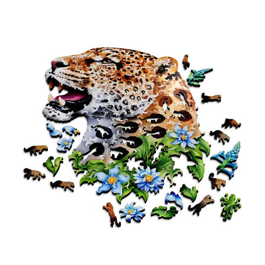Fathom Puzzles Hard to Spot Wooden Laser Cut Jigsaw puzzle 200 Pieces Geoff Cota leopard surrounded by flowers Alternate pieces out