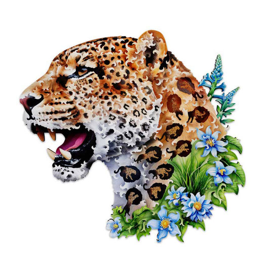 Fathom Puzzles Hard to Spot Leopard Wooden Laser Cut Jigsaw puzzle 200 Pieces Geoff Cota Leopard surrounded by flowers Main