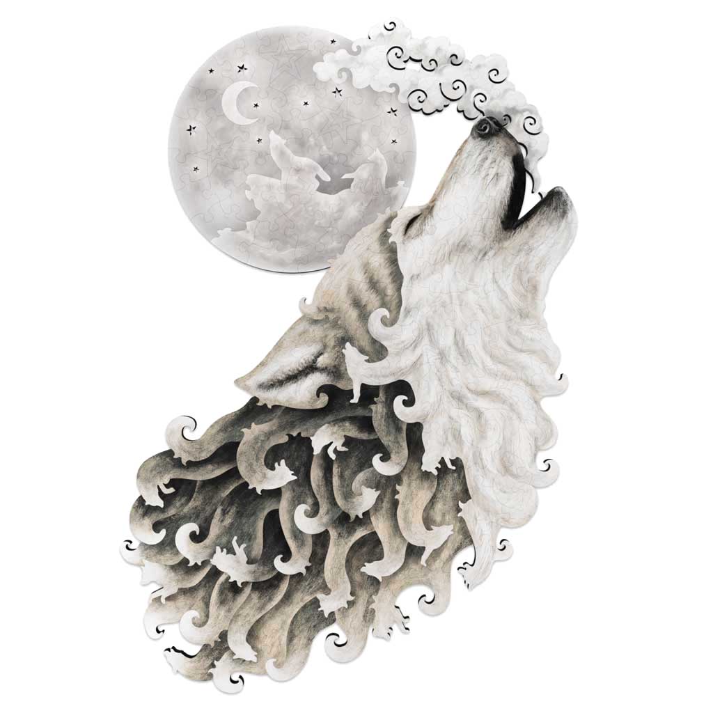 Fathom Puzzles Moonlit Serenade - Wolf Howling Main Wooden Laser Cut Jigsaw 200 Pieces Geoff Cota