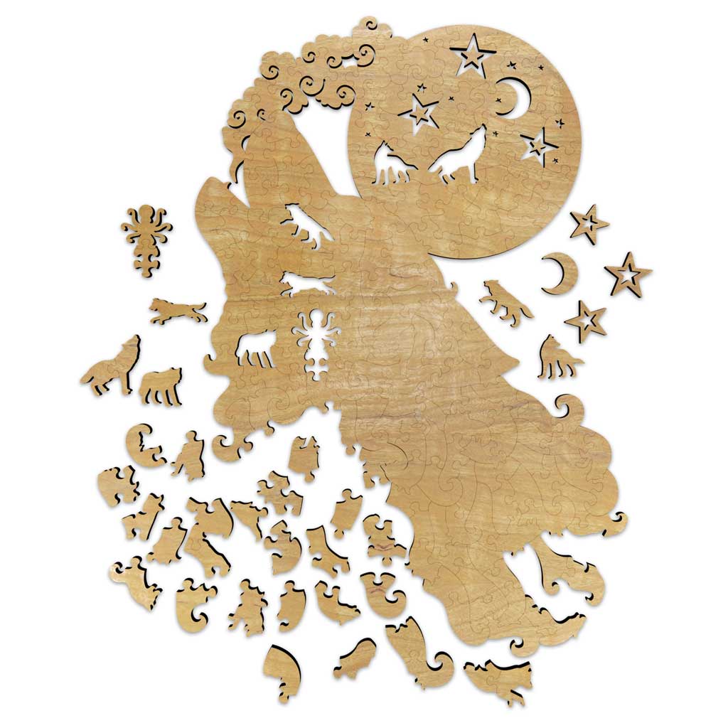 Fathom Puzzles Moonlit Serenade - Wolf howling Wooden Laser Cut Jigsaw 200 Pieces Geoff Cota