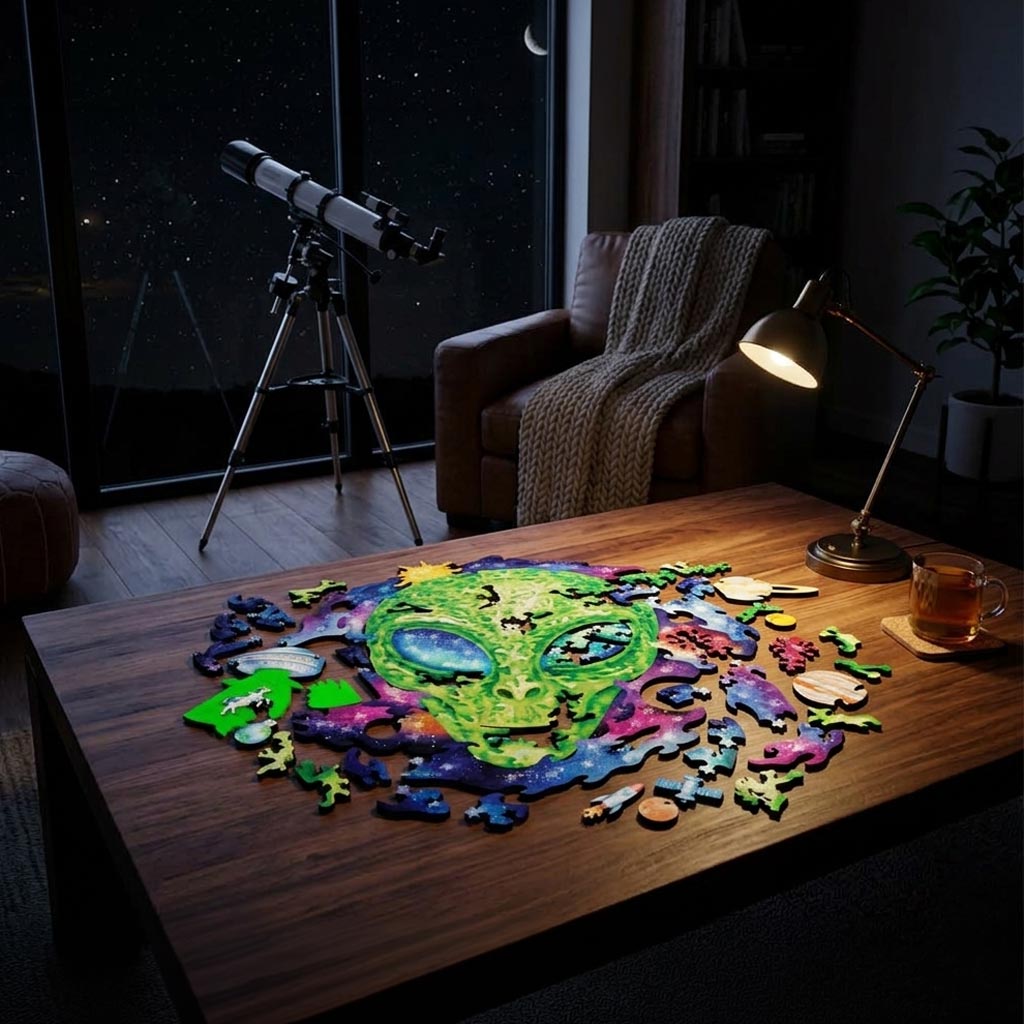 The Stargazer puzzle in progress on a dark wood coffee table, lit by a warm desk lamp in a cozy evening setting with a telescope silhouetted against a starry night sky through a large window.