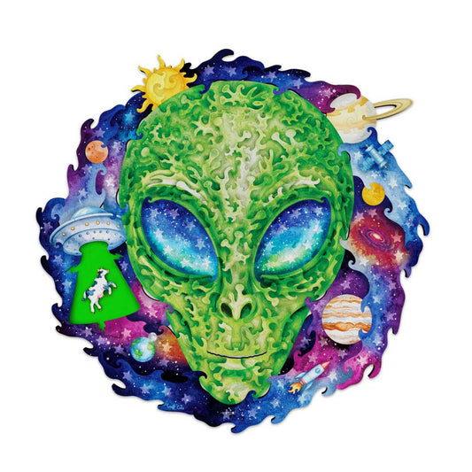 The completed Stargazer puzzle featuring a large green alien face with galaxy eyes at the center, surrounded by planets, a UFO, a tractor beam abducting a cow, a rocket, spiral galaxy, and starfield, all on a white background.