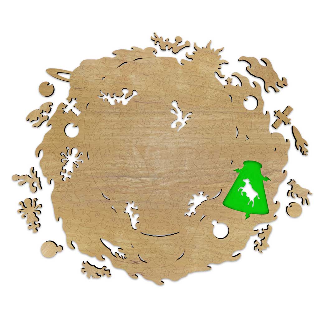 The unprinted cherry veneer back side of the Stargazer puzzle, showing the natural wood grain and cut pattern, with the neon green acrylic tractor beam piece standing out against the pale wood tones.