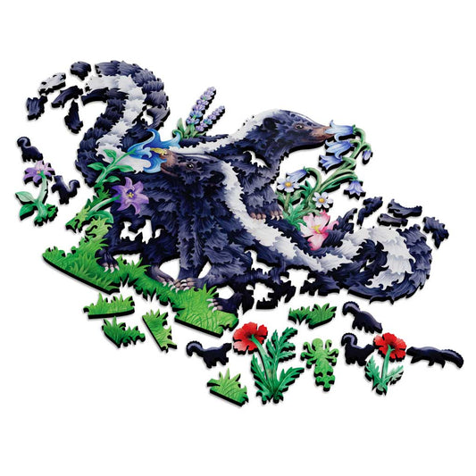 A wooden jigsaw puzzle depicting stylized skunks wrapped through green foliage, purple flowers, and red poppies, shown on a plain white background.
