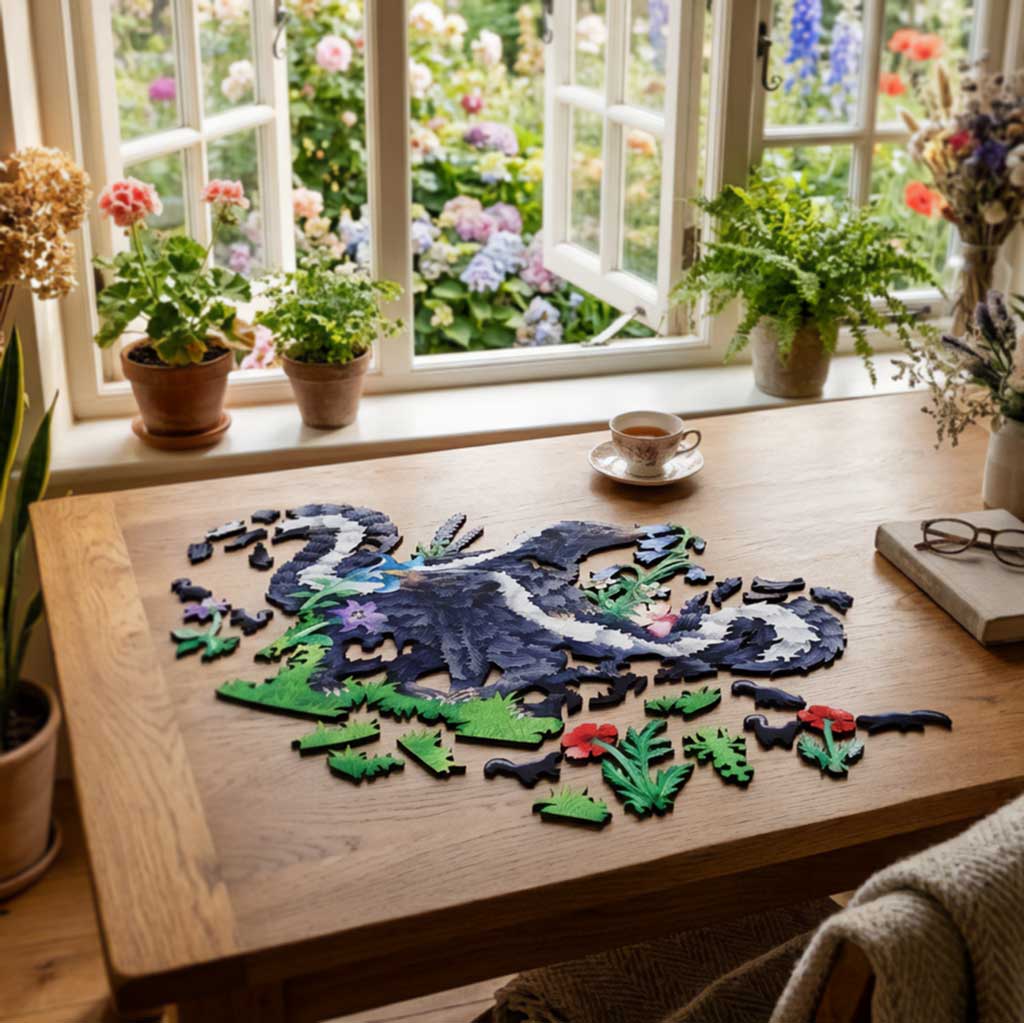 A wooden table in a sunlit room displays a completed wooden jigsaw puzzle featuring two skunks. The scene is styled with potted plants on the windowsill, a teacup, glasses, and a cozy blanket, with a garden visible outside the window.
