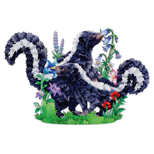 A wooden jigsaw puzzle of two skunks standing on green grass and surrounded by colorful wildflowers, isolated on a white background.