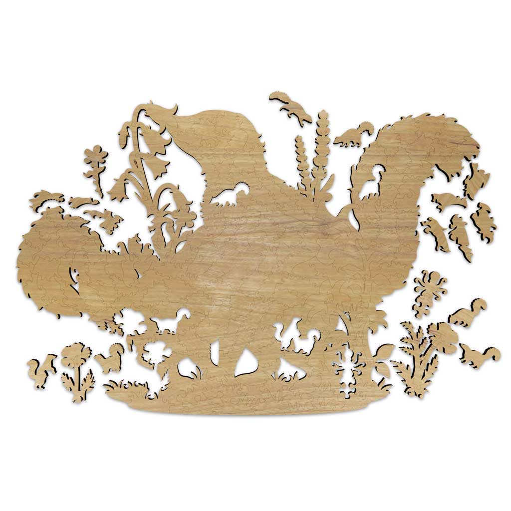 A laser-cut wooden plaque featuring skunk silhouette with surrounding plants, shown on a plain white background.