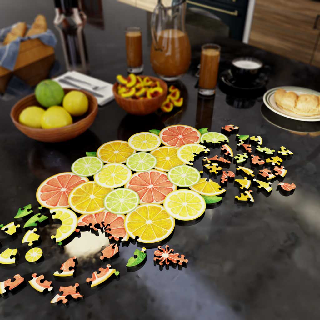 Fathom Puzzles Sweet & Sour Lifestyle Wooden Laser Cut Jigsaw 200 Pieces Geoff Cota Citrus, Lemon, Lime, Orange Grapefruit