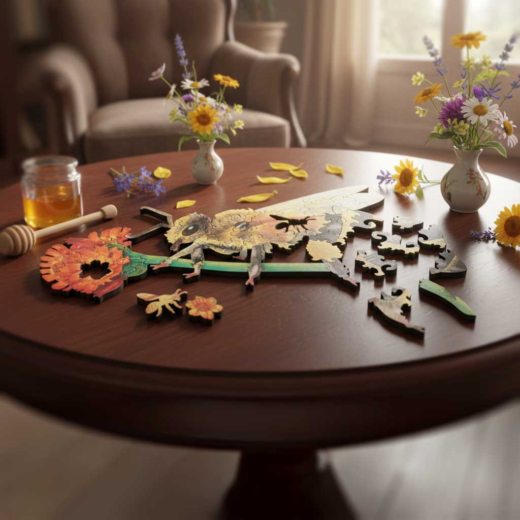 Bee puzzle in progress on a round wooden table surrounded by small flower vases and a jar of honey, creating a cozy nature-inspired setting