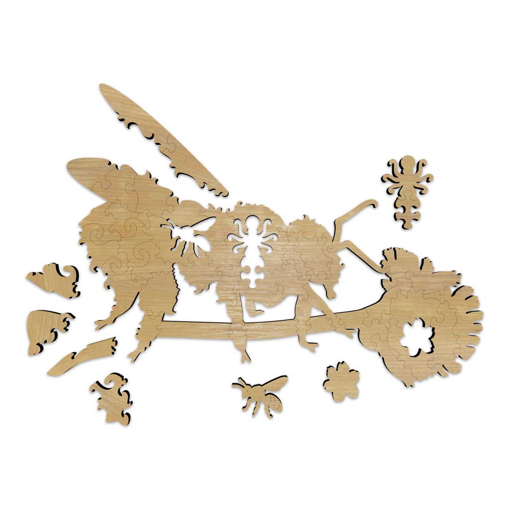 Back side of the wooden bee puzzle showing the natural wood grain, precise cut lines, and whimsical shaped pieces including small bees and flowers.