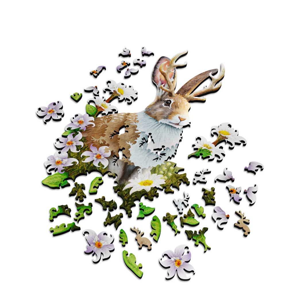 Fathom Puzzles The Jackalope Wooden Laser Cut Jigsaw 200 Pieces Geoff Cota Jackalope surrounded by flowers Alternate