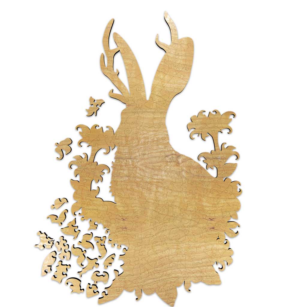 Fathom Puzzles The Jackalope Wooden Laser Cut Jigsaw 200 Pieces Geoff Cota Jackalope surrounded by flowers wood