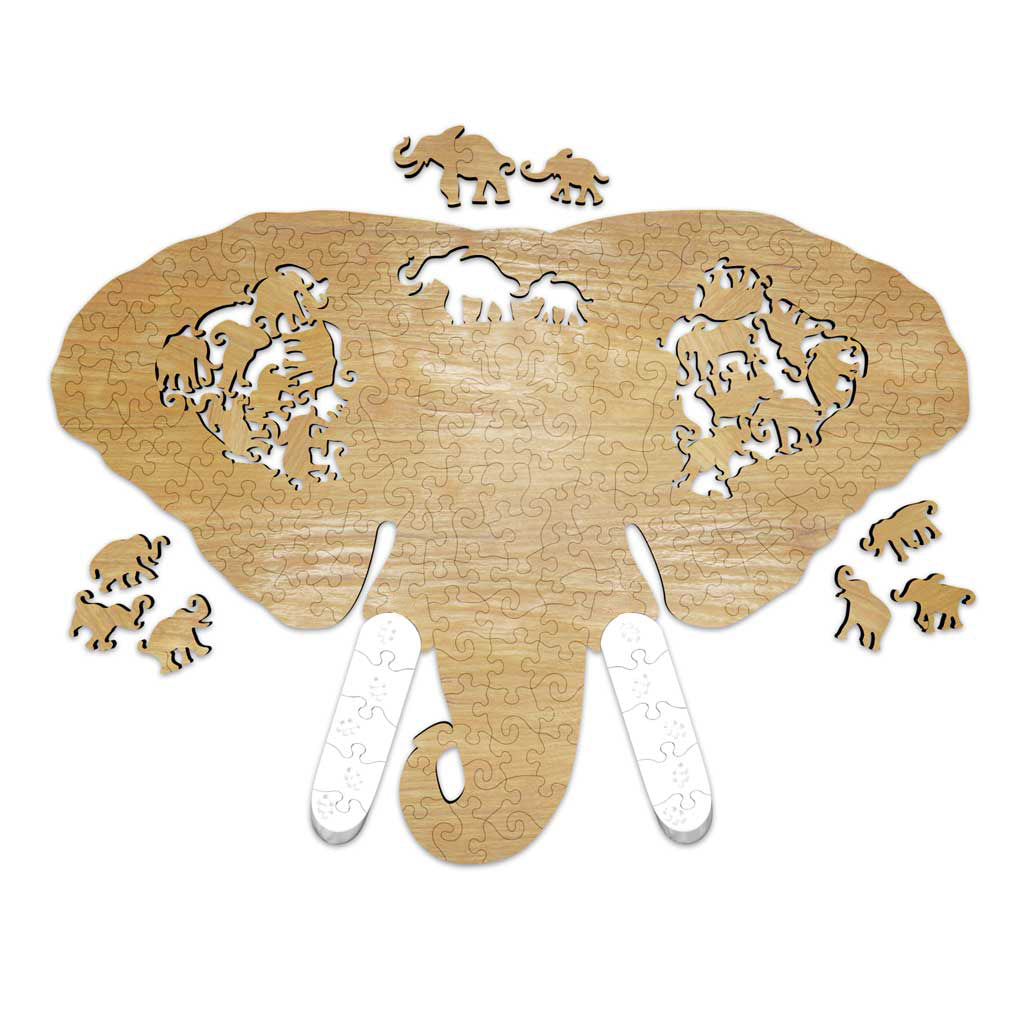 Back side of the elephant-shaped wooden puzzle, revealing natural wood grain, color-line cut pattern, and elephant-shaped whimsies, with white tusks attached.