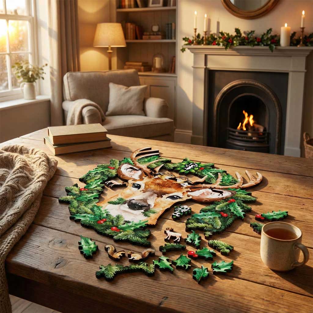 “Under the Mistletoe” wooden jigsaw puzzle on a rustic table in a cozy living room with a fireplace, books, blanket, and a mug of tea.