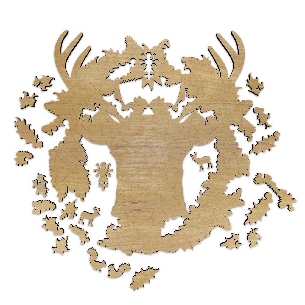 Back view of the “Under the Mistletoe” wooden puzzle, showing natural wood grain and laser-cut whimsy pieces shaped like deer, chipmunks, and leaves.