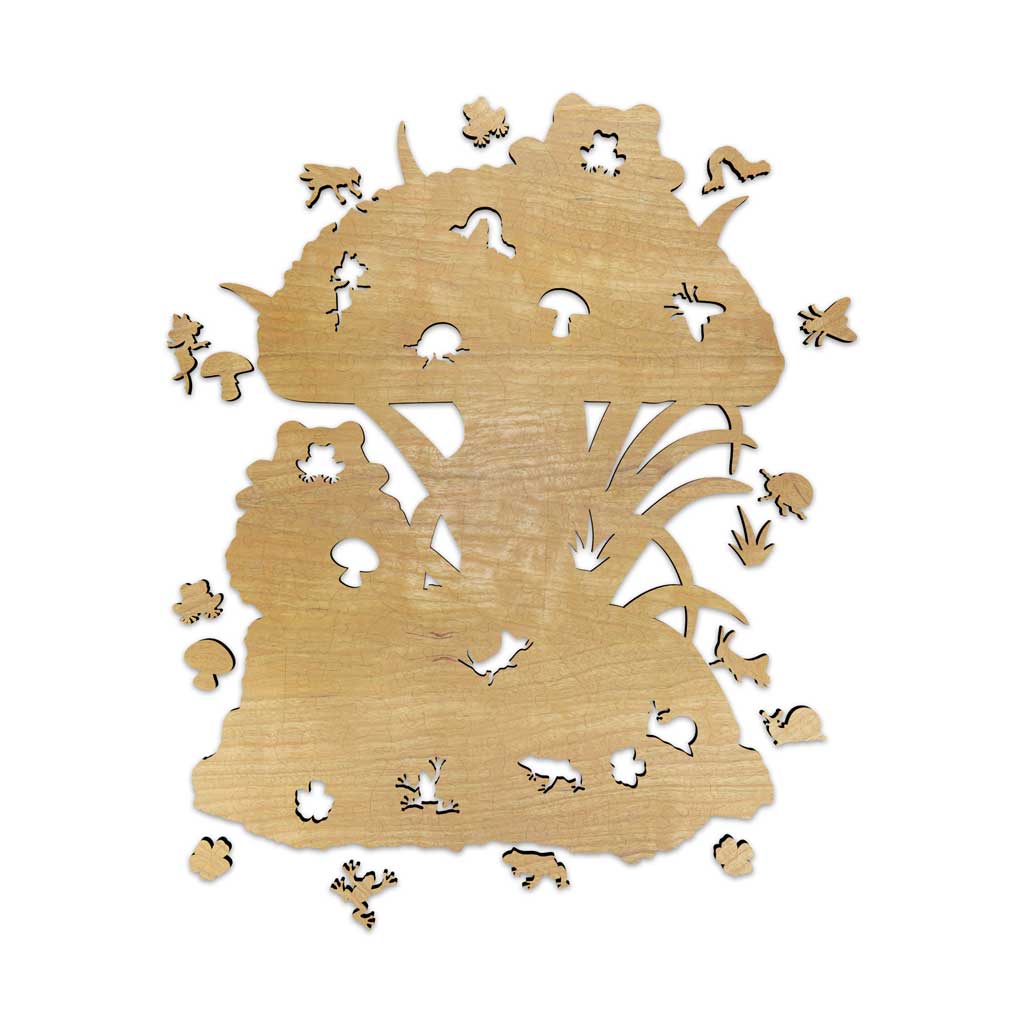Fathom Puzzles A Friend For Dinner Wooden Back Laser Cut Jigsaw 200 Pieces Geoff Cota Frogs on a mushroom looking at fly