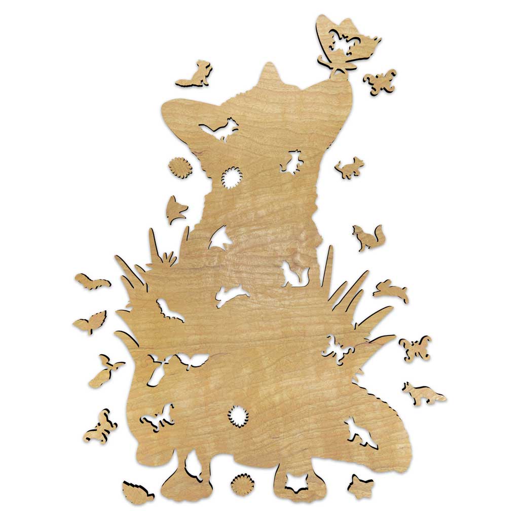 Fathom Puzzles Friendship in Bloom Wooden Back Laser Cut Jigsaw 200 Pieces Geoff Cota Fox with butterfly on nose
