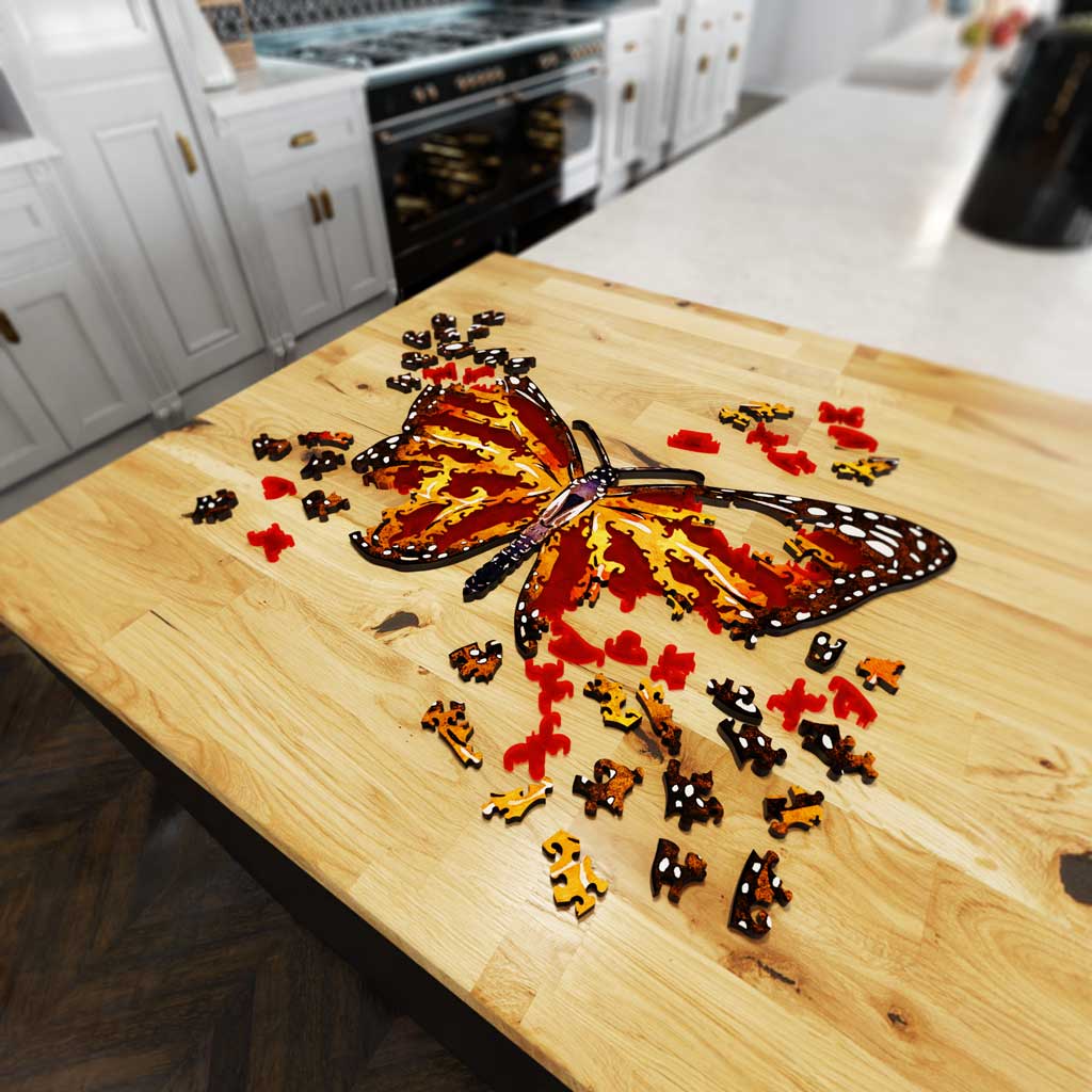 Fathom Puzzles Majestic Monarch Lifestyle Wooden Acrylic Laser Cut Jigsaw 200 Pieces Geoff Cota Butterfly with acrylic