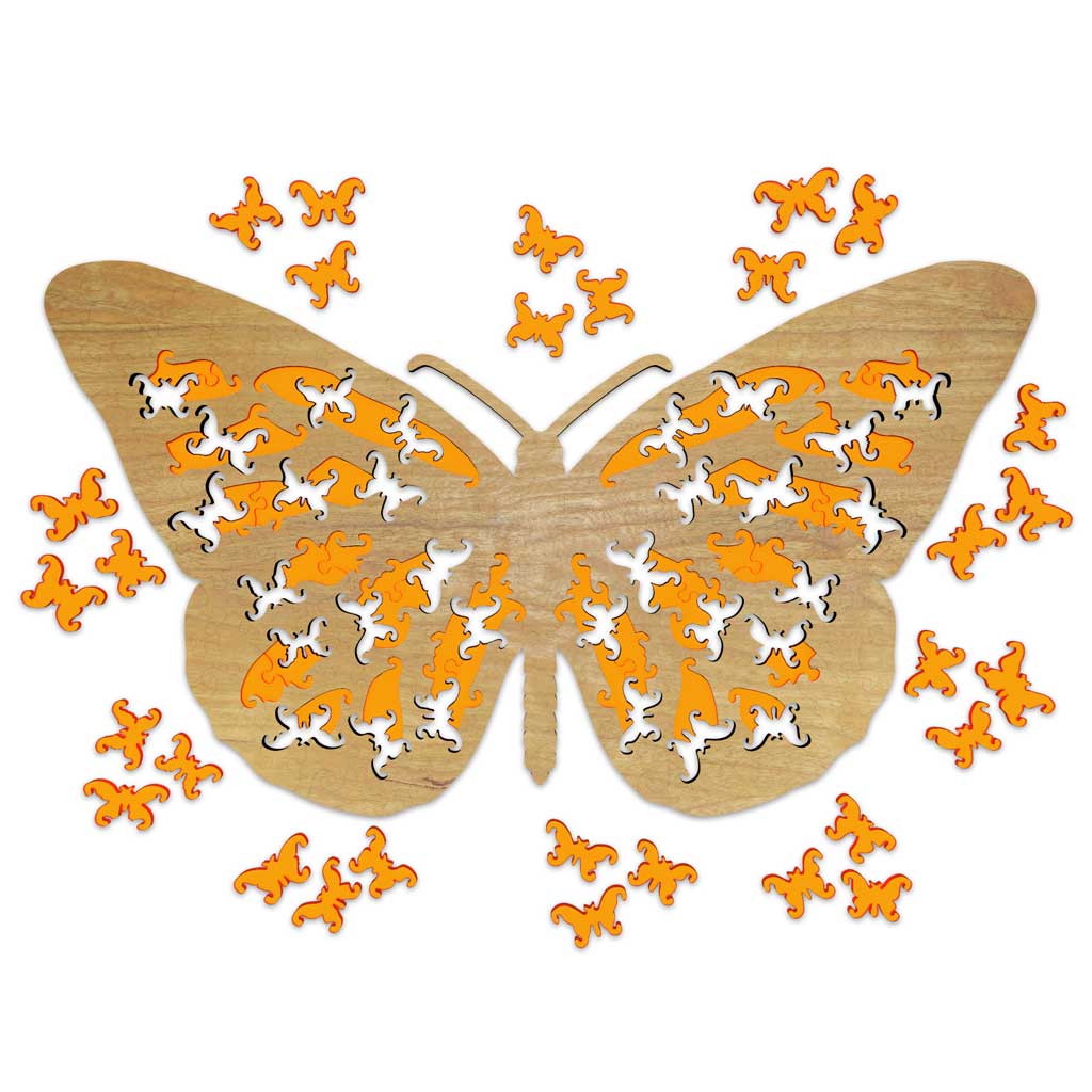 Fathom Puzzles Majestic Monarch Wooden Acrylic Back Laser Cut Jigsaw 200 Pieces Geoff Cota Butterfly with acrylic