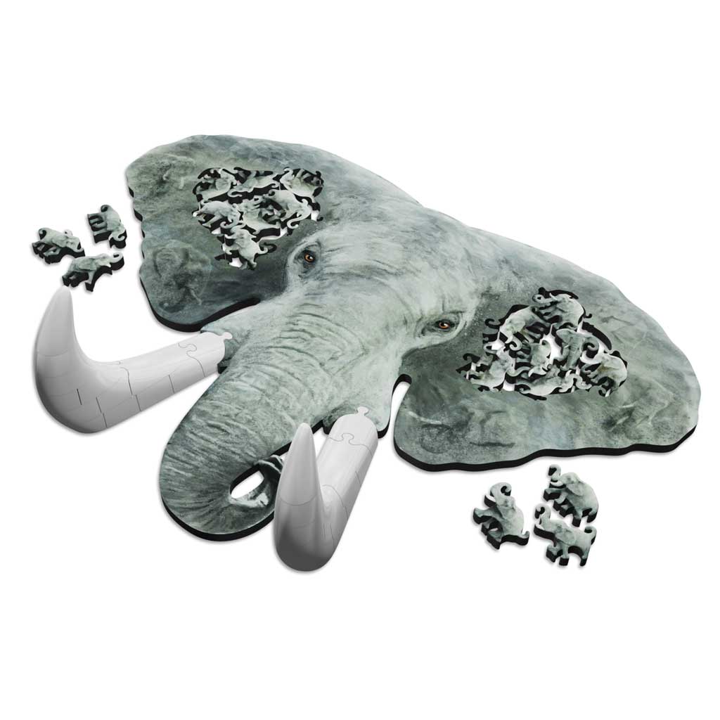 Fathom Puzzles The Tusk at Hand Alternate Wooden Laser Cut Jigsaw 200 Pieces Geoff Cota Elephant with 3D printed tusks